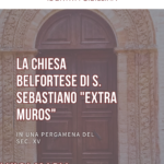 "Copertina dell'ebook 'La Chiesa Belfortese di S. Sebastiano Extra Muros' di Luigi Maria Armellini, pubblicato da Identità Sibillina. L'immagine mostra il portale in cotto della chiesa di S. Sebastiano, risalente al XV secolo, con dettagli architettonici decorativi. Titolo e sottotitolo in evidenza, con logo di Identità Sibillina in alto."